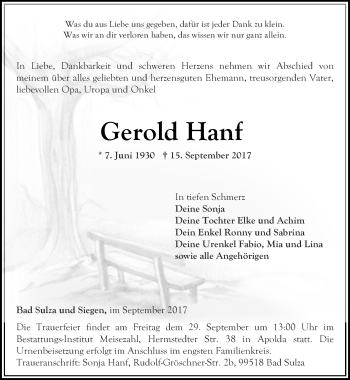 Traueranzeige von Gerold Hanf von Thüringer Allgemeine, Thüringische Landeszeitung