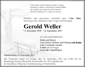 Traueranzeige von Gerold Weller von Thüringer Allgemeine, Thüringische Landeszeitung