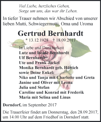 Traueranzeige von Gertrud Bernhardt von Ostthüringer Zeitung, Thüringische Landeszeitung