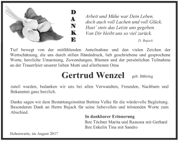 Traueranzeige von Gertrud Wenzel von Ostthüringer Zeitung