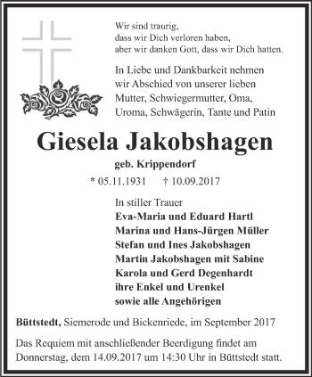 Traueranzeige von Giesela Jakobshagen von Thüringer Allgemeine, Thüringische Landeszeitung