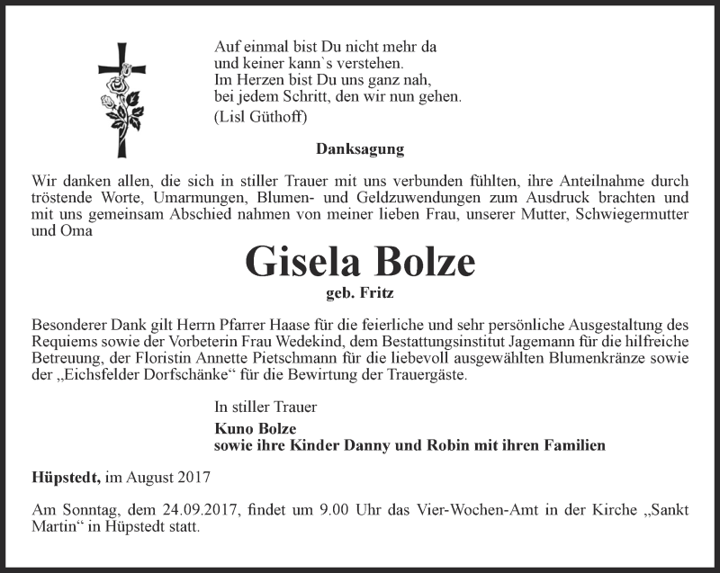  Traueranzeige für Gisela Bolze vom 23.09.2017 aus Thüringer Allgemeine, Thüringische Landeszeitung