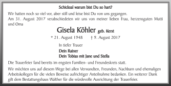 Traueranzeige von Gisela Köhler von Thüringer Allgemeine, Thüringische Landeszeitung