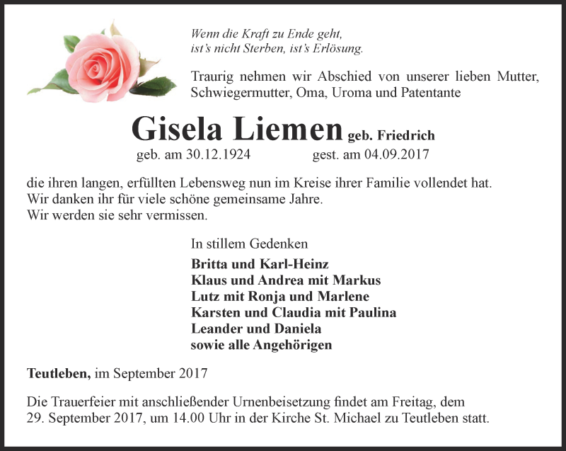  Traueranzeige für Gisela Liemen vom 16.09.2017 aus Ostthüringer Zeitung, Thüringische Landeszeitung