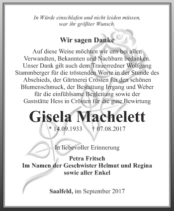 Traueranzeige von Gisela Machelett von Ostthüringer Zeitung