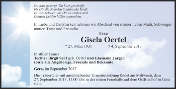 Traueranzeige von Gisela Oertel von Ostthüringer Zeitung