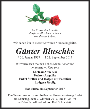 Traueranzeige von Günter Bluschke von Thüringer Allgemeine, Thüringische Landeszeitung