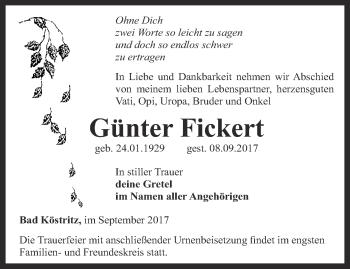 Traueranzeige von Günter Fickert von Ostthüringer Zeitung