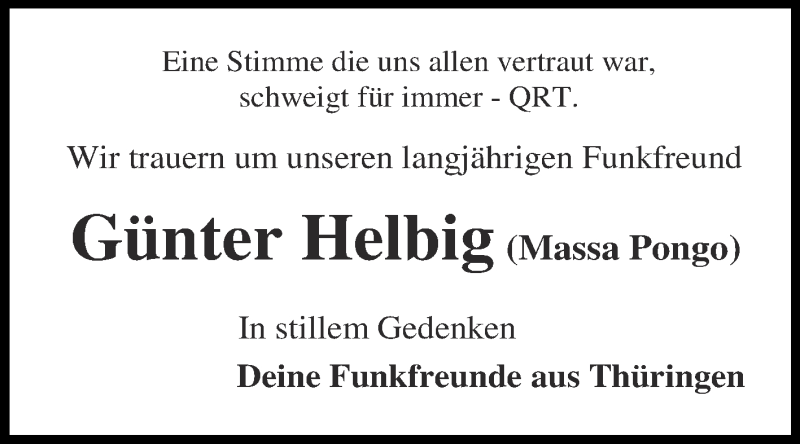  Traueranzeige für Günter Helbig vom 02.09.2017 aus Ostthüringer Zeitung