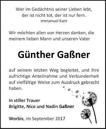 Traueranzeige von Günther Gaßner von Thüringer Allgemeine