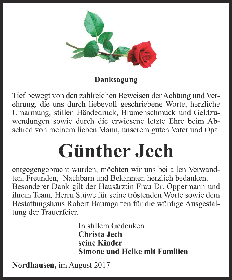  Traueranzeige für Günther Jech vom 02.09.2017 aus Thüringer Allgemeine