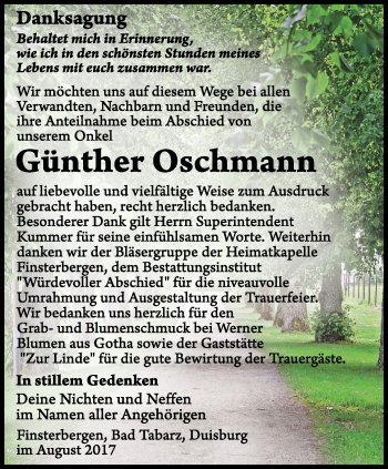 Traueranzeige von Günther Oschmann von Ostthüringer Zeitung, Thüringische Landeszeitung