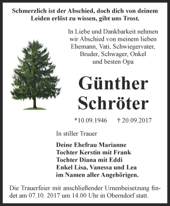 Traueranzeige von Günther Schröter von Ostthüringer Zeitung