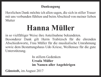 Traueranzeige von Hanna Müller von Thüringer Allgemeine