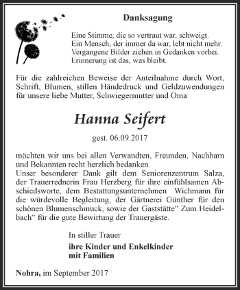 Traueranzeige von Hanna Seifert von Thüringer Allgemeine