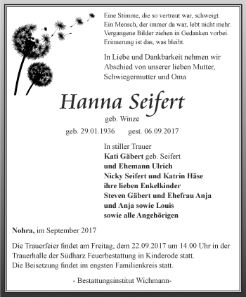 Traueranzeige von Hanna Seifert von Thüringer Allgemeine