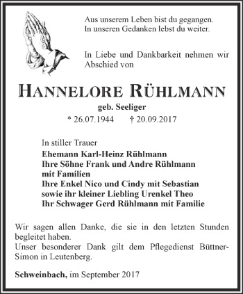 Traueranzeige von Hannelore Rühlmann