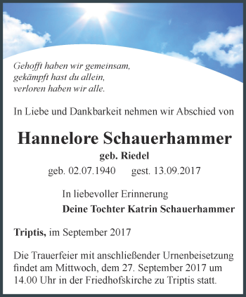 Traueranzeige von Hannelore Schauerhammer