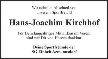 Traueranzeige von Hans-Joachim Kirchhof von Thüringer Allgemeine, Thüringische Landeszeitung