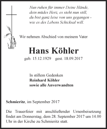 Traueranzeige von Hans Köhler