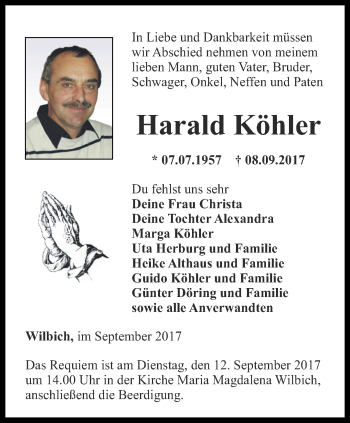 Traueranzeige von Harald Köhler von Thüringer Allgemeine