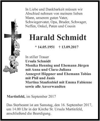 Traueranzeige von Harald Schmidt von Thüringer Allgemeine