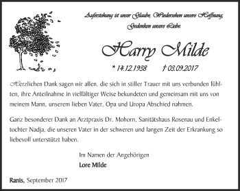 Traueranzeige von Harry Milde von Ostthüringer Zeitung