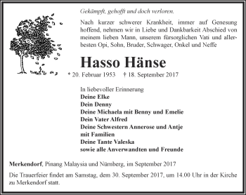 Traueranzeige von Hasso Hänse von Ostthüringer Zeitung