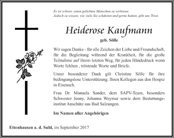 Traueranzeige von Heiderose Kaufmann von Thüringer Allgemeine, Thüringische Landeszeitung