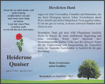 Traueranzeige von Heiderose Quaiser von Ostthüringer Zeitung