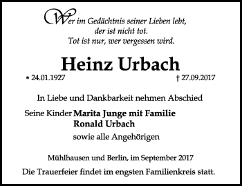 Traueranzeige von Heinz Urbach von Thüringer Allgemeine, Thüringische Landeszeitung
