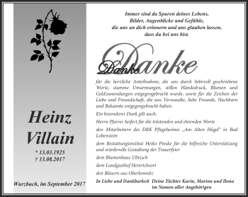 Traueranzeige von Heinz Villain von Ostthüringer Zeitung