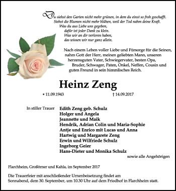 Traueranzeige von Heinz Zeng von Thüringer Allgemeine, Thüringische Landeszeitung