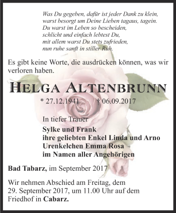 Traueranzeige von Helga Altenbrunn von Thüringer Allgemeine, Thüringische Landeszeitung