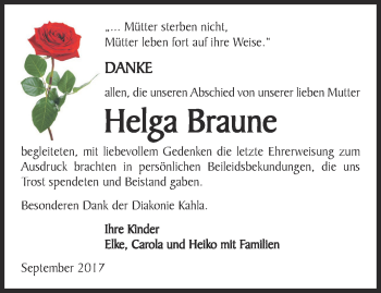 Traueranzeige von Helga Braune von Ostthüringer Zeitung, Thüringische Landeszeitung