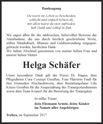 Traueranzeige von Helga Schäfer von Thüringer Allgemeine