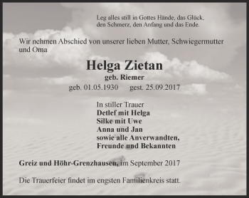 Traueranzeige von Helga Zietan