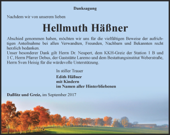 Traueranzeige von Hellmuth Häßner von Ostthüringer Zeitung