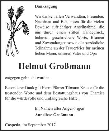 Traueranzeige von Helmut Großmann von Ostthüringer Zeitung, Thüringische Landeszeitung