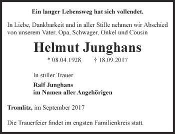 Traueranzeige von Helmut Junghans von Thüringer Allgemeine, Thüringische Landeszeitung