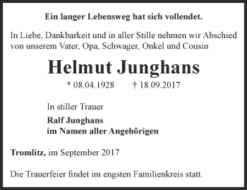 Traueranzeige von Helmut Junghans