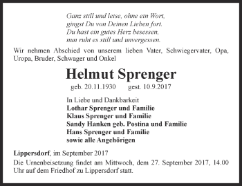 Traueranzeige von Helmut Sprenger von Ostthüringer Zeitung