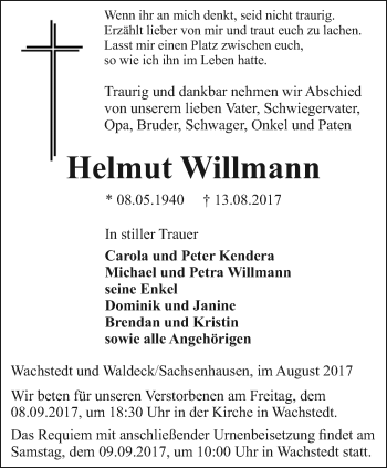 Traueranzeige von Helmut Willmann von Thüringer Allgemeine