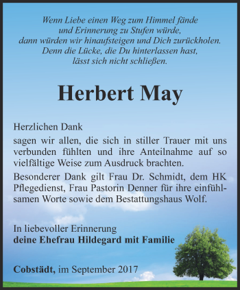 Traueranzeige von Herbert May von Ostthüringer Zeitung, Thüringische Landeszeitung