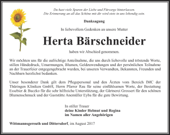 Traueranzeige von Herta Bärschneider von Ostthüringer Zeitung