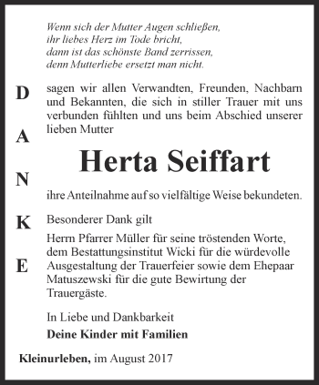 Traueranzeige von Herta Seiffart von Thüringer Allgemeine, Thüringische Landeszeitung