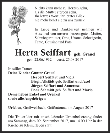 Traueranzeige von Herta Seiffart von Thüringer Allgemeine, Thüringische Landeszeitung