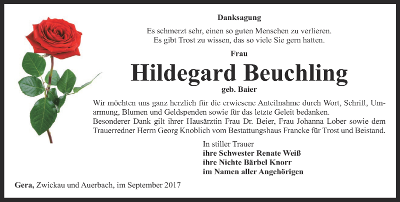  Traueranzeige für Hildegard Beuchling vom 02.09.2017 aus Ostthüringer Zeitung