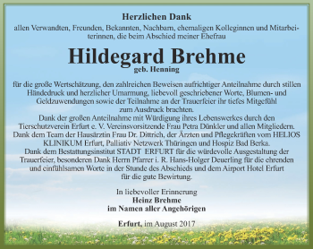 Traueranzeige von Hildegard Brehme von Thüringer Allgemeine, Thüringische Landeszeitung