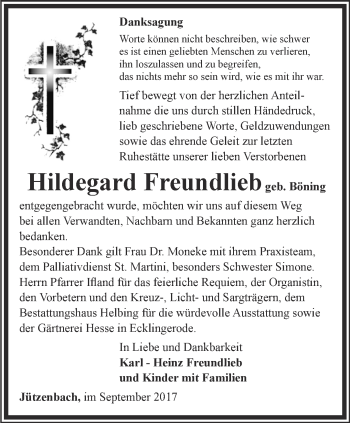 Traueranzeige von Hildegard Freundlieb von Thüringer Allgemeine